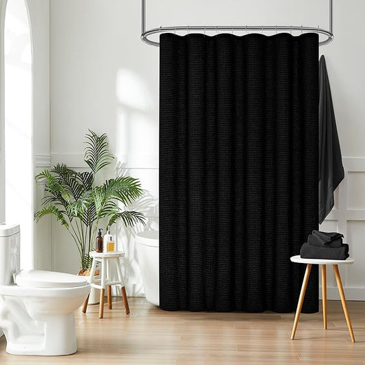 Luxury Waffle Weave Shower Curtain Elegant Hotel Style Fabric for Bathroom, Water Repellent, Machine Washable Black Waffle