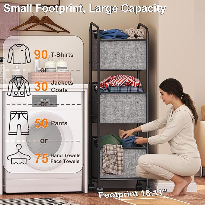 110L Vertical Rolling Laundry Basket Organizer with Wheel, 3-Tier Dirty Clothes Laundry Hamper, 3-Section Laundry Sorter Cart, Portable Laundry Baskets for Small Space, Dorm, Laundry, Closet, Bathroom