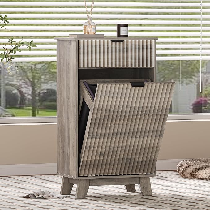 Wodeer Tilt Out Laundry Hamper Cabinet with Storage and Drawer, 10 Gallon Fluted Hidden Trash Can Cabinet, Farmhouse Wood Laundry Basket Cabinets for Bathroom, Kitchen, Grey