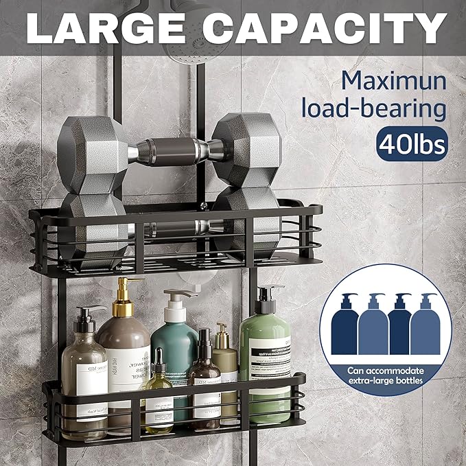 Shower Caddy Hanging, Never Rust Aluminum Shower Organizer, Over Showerhead No Drilling Shower Racks, with Soap Holder Multi Hooks Bathroom Storage for Shampoo Sponge,Silvery