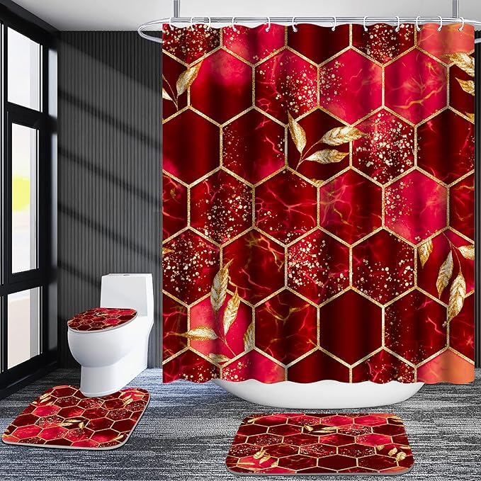 Poedist 4 Pcs Bathroom Shower Curtain Set,Red Honeycomb Marble Bathroom Sets with Rugs(Bath Mat,U Shape and Toilet Lid Cover Mat) and 12 Durable Hooks