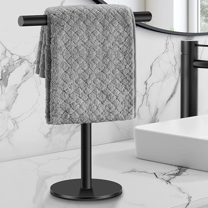 Elibbren Bath Hand Towel Holder Standing, Stainless Steel Matte Black Towel Bar Rack Stand for Bathroom and Kitchen Vanity Countertop, Modern Towel Holder，2 Pack