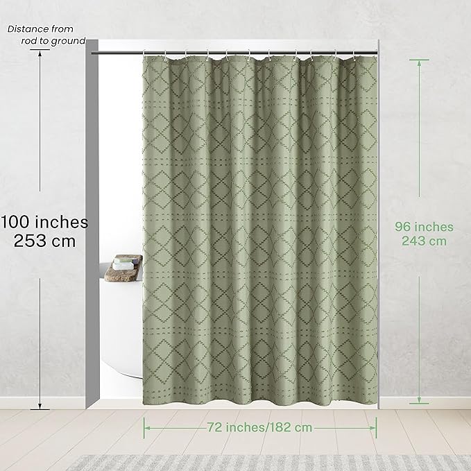 Extra Long Sage Green Boho Shower Curtain - Woven Fabric, 72 x 96 Inches, Tufted Chevron Textured Striped, Modern Farmhouse Minimalist for Bathroom