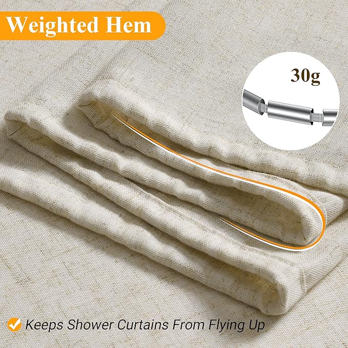 Naturoom Light Beige Linen Shower Curtain 74 Inch Long Weighted Fabric Bath Shower Curtain Set with Hooks, XLong Tall Country Farmhouse Curtains for Bathroom, 72x74