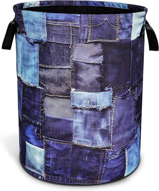 Blue Denim Pattern Laundry Basket Patchwork Design Foldable Oxford Cloth Funny Tote Bag Laundry Hamper Clothes Storage Bucket Toy Organizer For Bathroom/Laundry Storage/Bedroom 18.9x16.5 In