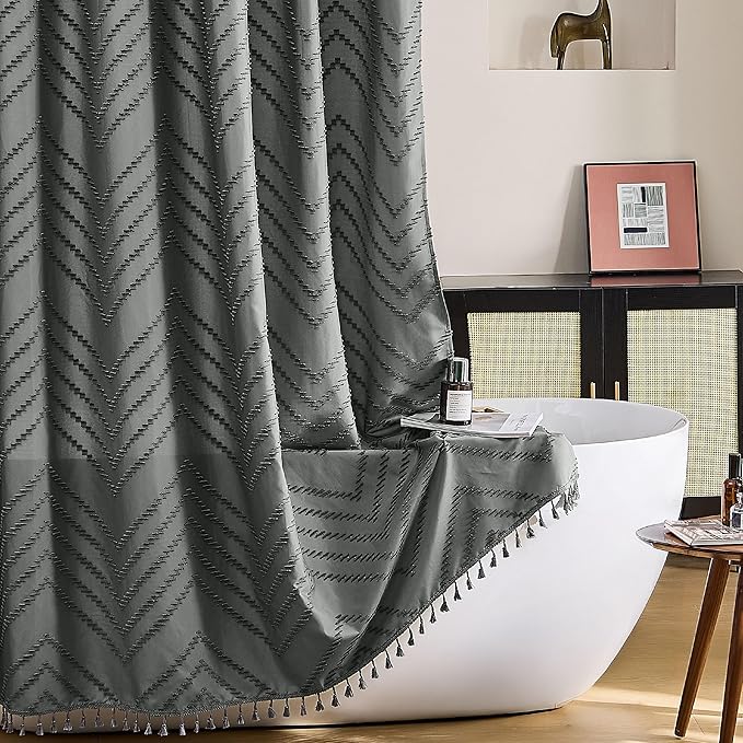 Gray Shower Curtain for Bathroom Fabric Boho Shower Curtain Cloth Textured Tufted Chevron Elegant Shower Curtains Waterproof for Bathroom 72" x 72"