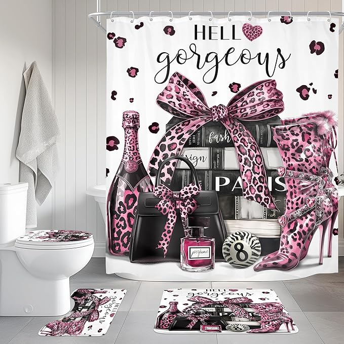 Cinbloo 4Pcs Black and Pink Leopard Print Shower Curtain Set,Fashion Modern Girly Bow Perfume Striped Bathroom Curtain with Rug,Toilet Lid Cover, Bath Mat,High Heels Books Shower Curtain with 12 Hooks