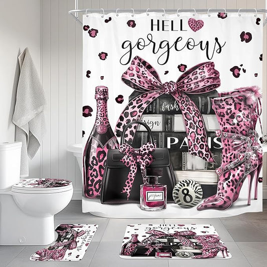 Cinbloo 4Pcs Black and Pink Leopard Print Shower Curtain Set,Fashion Modern Girly Bow Perfume Striped Bathroom Curtain with Rug,Toilet Lid Cover, Bath Mat,High Heels Books Shower Curtain with 12 Hooks