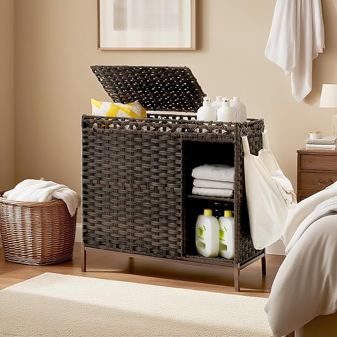 Gitelsnour Laundry Hamper with Lid, 110L (29.1 Gal) Rattan Laundry Hamper 2 Section with 50L (13.2 Gal) Storage Shelf, Wicker Woven Laundry Sorter Basket with 3 Liner Bags and Handles, Brown GLH002BR