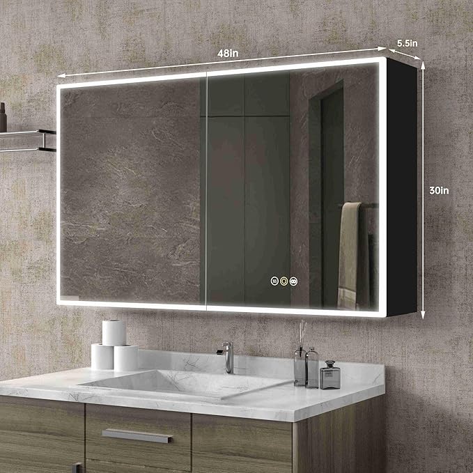 Medicine Cabinets for Bathroom with Mirror, 48”W x 30”H Wall Mounted LED Medicine Cabinet Mirror with Defogger, Dimmer, Outlets & USB, Double Doors