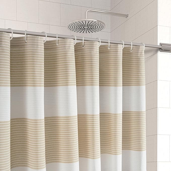 LANE LINEN Premium Shower Curtain for Bathroom - 72W x 72H - Dobby Striped Soft Textured Weave - Water Resistant & Quick Dry - Machine Washable - Reinforced Header with Metal Grommets - Beige