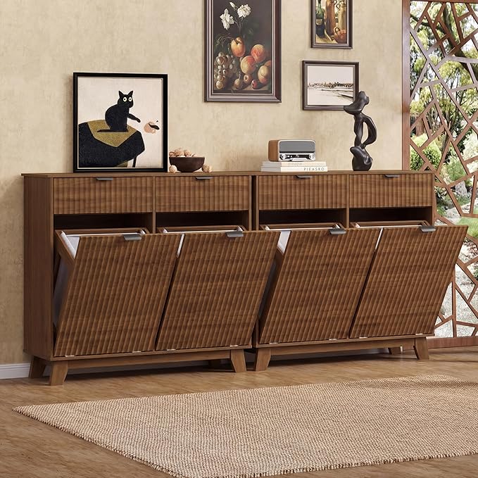 Wodeer Double Tilt Out Laundry Hamper Cabinet with 2 Drawers & Baskets, 20 Gallon Fluted Hidden Trash Can Cabinet, Farmhouse Wood Laundry Storage Cabinets for Bathroom, Kitchen, Walnut