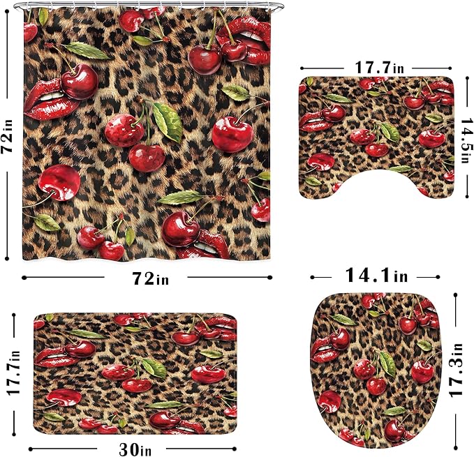LIGHTINHOME 4 PCS Leopard Print Cherry Shower Curtain Set 72Wx72H,Toilet Lid Cover,Non-Slip Rugs and U-Shaped Mat,Cheetah Lips Bathroom Sets with Rugs Shower Accessories 12 Hooks for Bathroom Decor