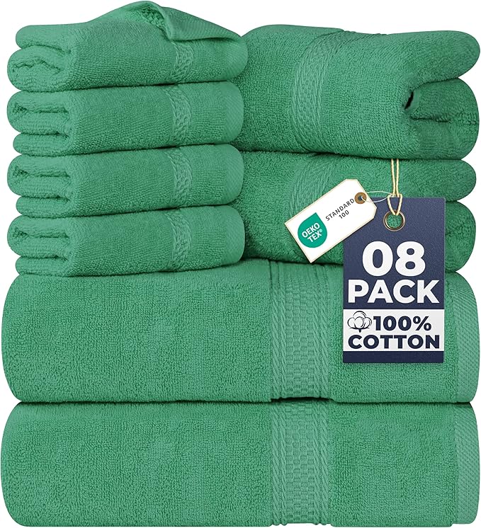 Utopia Towels 8 Piece Luxury Towel Set – Majestic Plush, Super Absorbent & Quicker-to-Dry, Thick 100% Ring Spun Cotton Towels for Bathroom, Spa & Hotel – 2 Bath, 2 Hand, 4 Washcloths, Hunter Green