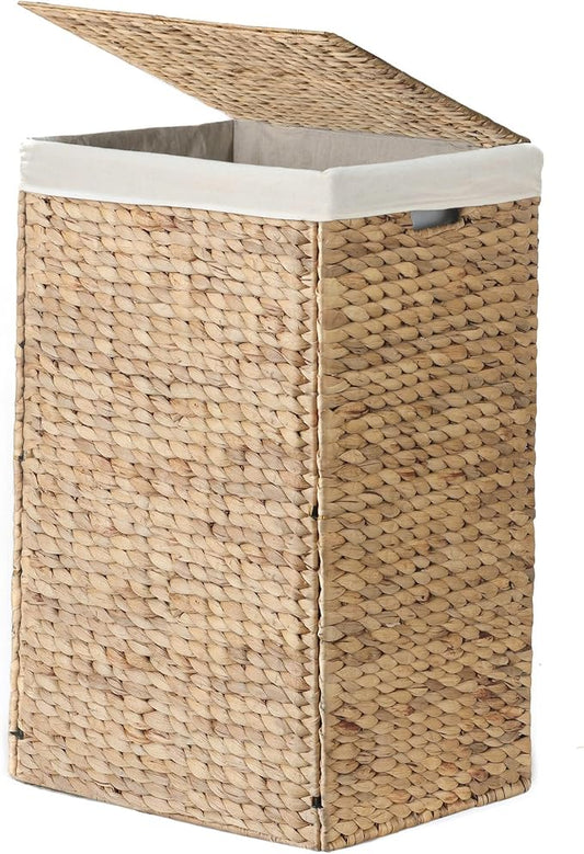 Nivora Water Hyacinth Laundry Hamper Brown 15 x 11.8 x 24 Inches - 64 Liters/18 Gallons with Removable Liner - Woven Organizer for Dirty Clothes, Bedroom Laundry, or Bathroom Towel Storage