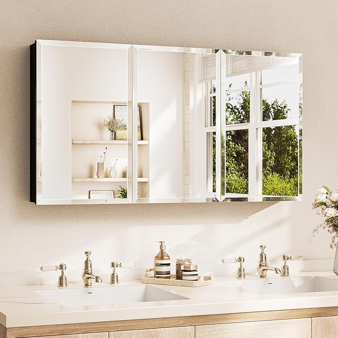 TETOTE 48 x 26 Bathroom Mirror with Storage with Tempered Beveled MirrorBlackMedicine Cabinet Aluminum Cabinet DTC Hinges, Stepless Adjustable Shelves, Recessed/Surface-Mounted