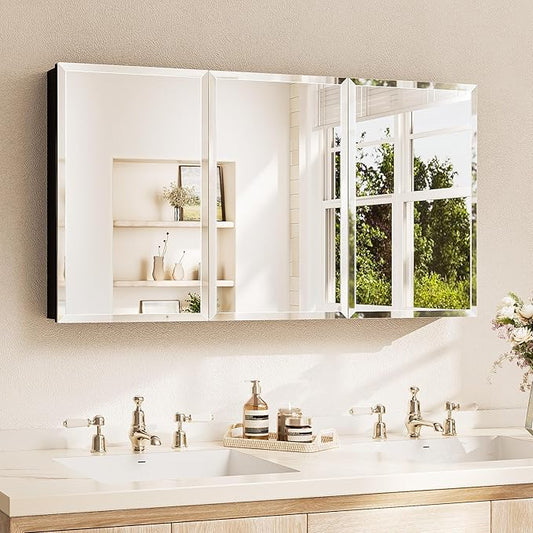TETOTE 48 x 26 Bathroom Mirror with Storage with Tempered Beveled MirrorBlackMedicine Cabinet Aluminum Cabinet DTC Hinges, Stepless Adjustable Shelves, Recessed/Surface-Mounted