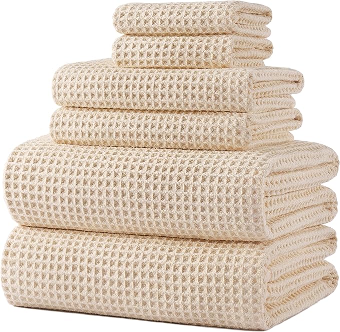 POLYTE 430 GSM Microfiber Quick Dry Lint Free Oversize Bath Towel Set, 6 Piece (Waffle Weave)
