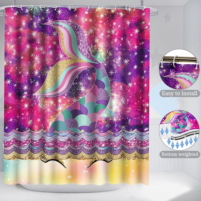 Poedist 4 Pcs Bathroom Shower Curtain Set,Kid's Bathroom Set,Mermaid's Tail Shower Curtain Sets with Rugs(Bath Mat,U Shape and Toilet Lid Cover Mat) and 12 Hooks
