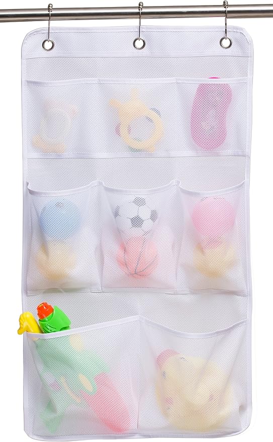 KIMBORA Mesh Shower Organizer Hanging Bathroom Caddy 8 Pockets Hang Curtain Rod with 3 Rings