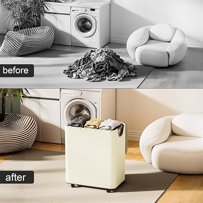 LAMU 145L Laundry Hamper with Wheels, Rolling Laundry Basket with Lid and 3 Removable Laundry Bag, Sturdy Large Capacity 3 Section Dirty Clothes Hamper for Laundry Room, Bedroom, Bathroom, Dorm, Beige