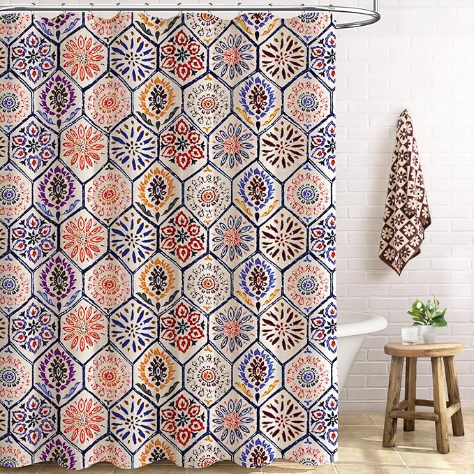 Boho Colorful Shower Curtain, Retro Bohemian Geometric Shower Curtain for Bathroom, Terracotta & Blue, 72 x 72