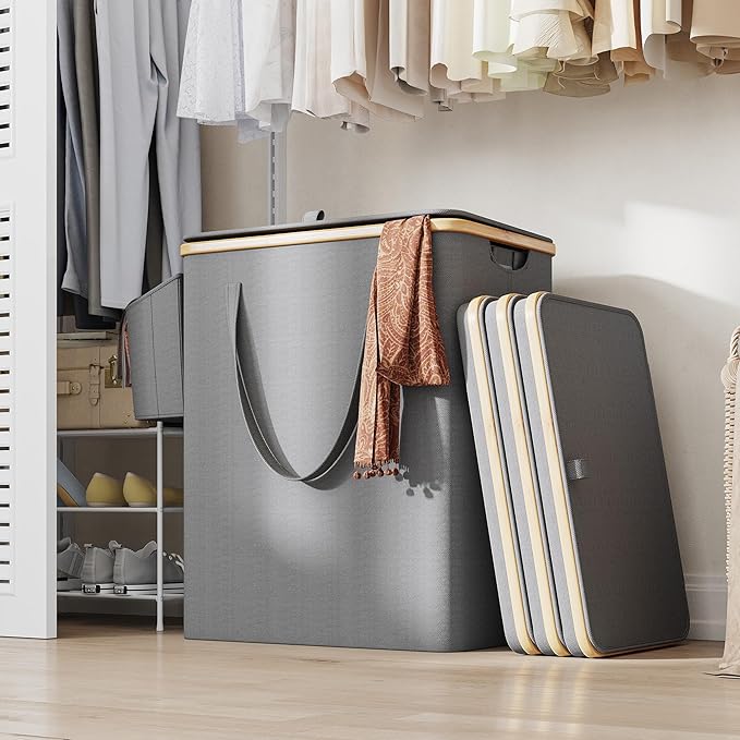 175L Laundry Hamper with Lid 3 Section, Extra Large Laundry Basket with 3 Removable Bags, 46 GAL Laundry Basket Organizer for Bedroom, Laundry Room, Dorm, Grey