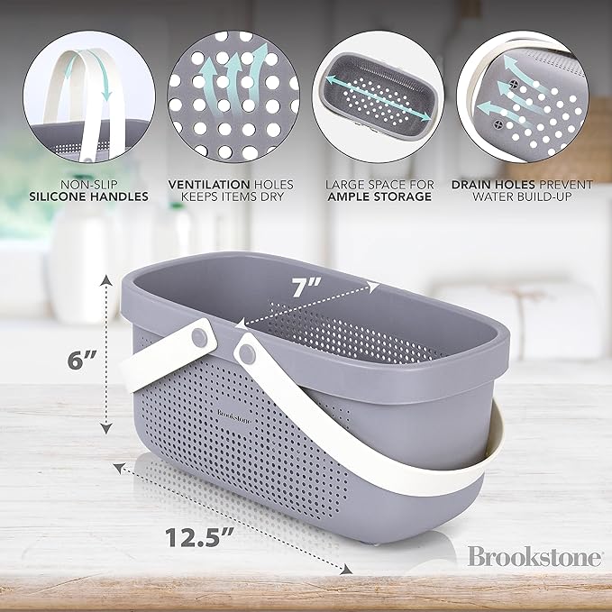 Brookstone Modern Large Portable Shower Caddy with Soft Silicone Carrying Handle, Bathroom Organizer Basket, Plastic Bath Tote and Shower Organizer, Quick Dry Drainage Holes, BPA Free, Grey