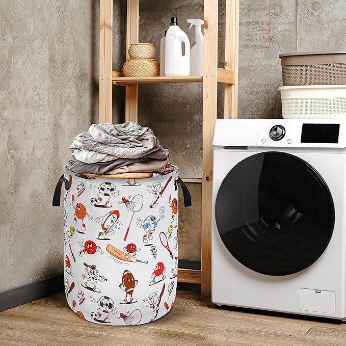 Cartoon Balls Laundry Basket Foldable Waterproof Oxford Cloth With Handle Portable Sports Theme Storage Basket Organizer Suitable For Laundry Room/Bedroom/Children'S Room (18.9 X 16.5 Inch)