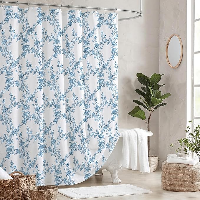 Blue Floral Shower Curtain, Cotton Linen Cottagecore Shower Curtains for Bathroom