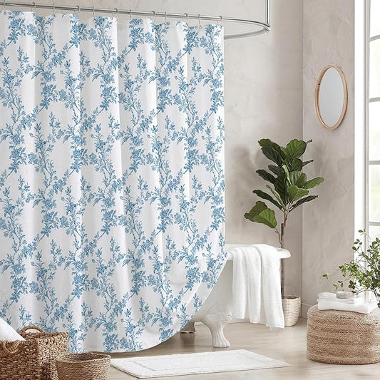 Blue Floral Shower Curtain, Cotton Linen Cottagecore Shower Curtains for Bathroom