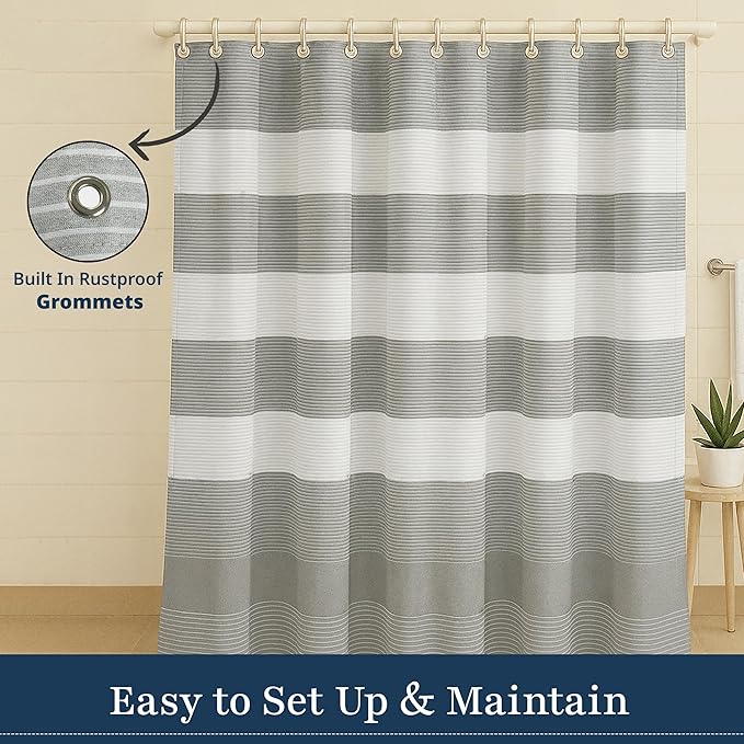LANE LINEN Luxury Shower Curtain for Bathroom - 72 x 72 inches - Dobby Striped Elegant Texture - Water Resistant, Quick Dry & Easy Care - Reinforced Header with Rust Proof Metal Grommets - Silver