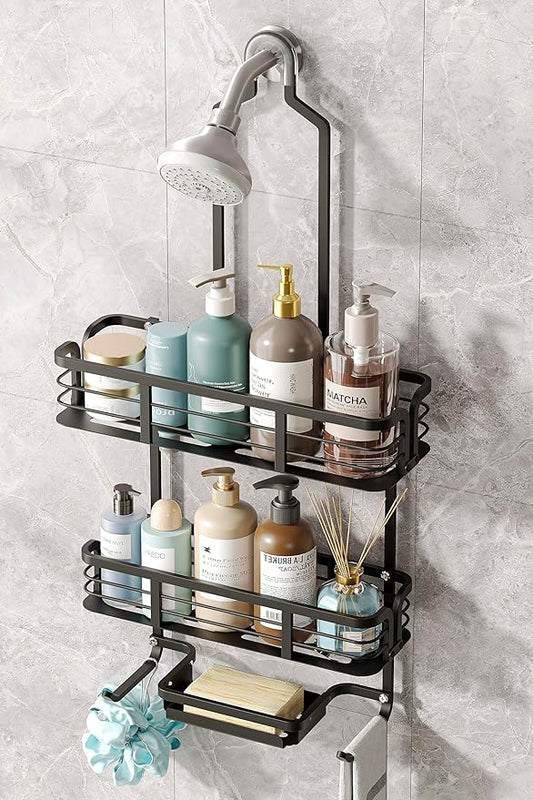 Shower Caddy Hanging, Never Rust Aluminum Shower Organizer, Over Showerhead No Drilling Shower Racks, with Soap Holder Multi Hooks Bathroom Storage for Shampoo Sponge,Silvery