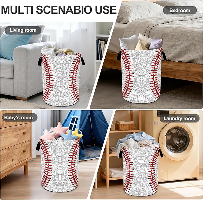 Baseball Laundry Basket Storage Bin Foldable Laundry Hamper Clothes Storage Bucket Organizer 19.6x15.7 Inch For Laundry Room/Bedroom/Bathroom