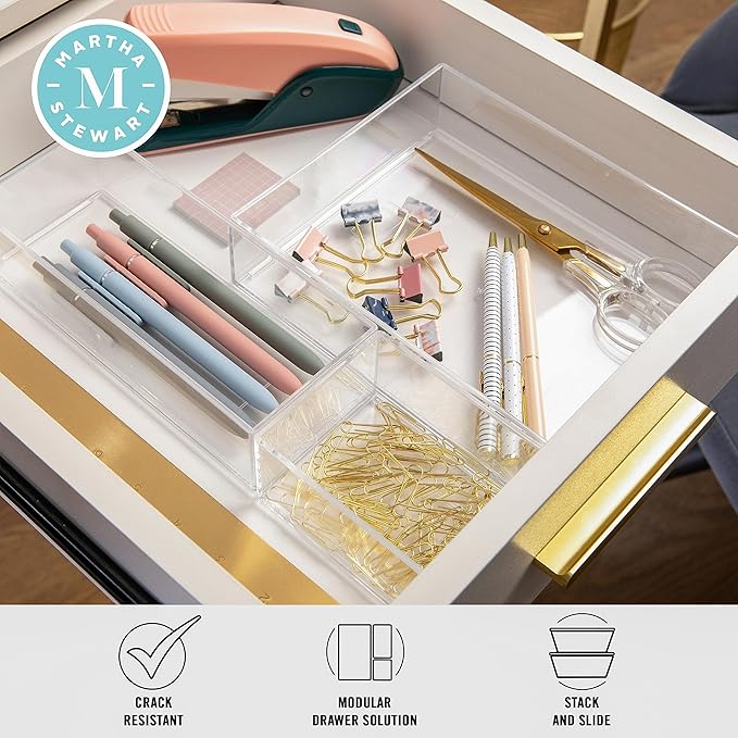 Martha Stewart Brody Desktop Storage Organizer, Stack and Slide Plastic Organizer Tray, Organizer for Office, Kitchen, or Vanity, 1-S, 1-M, 1-L