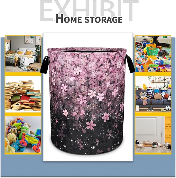 Cherry Blossoms Laundry Basket Pink Flowers Foldable Oxford Cloth Funny Tote Bag Laundry Hamper Clothes Storage Bucket Toy Organizer For Bathroom/Laundry Storage/Bedroom 18.9x16.5 Inch