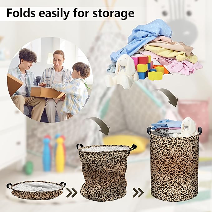 Leopard Print Laundry Basket, Collapsible Waterproof Oxford Cloth Laundry Hamper, Funny Round Kids Toys Storage Basket as Room Decor, Dirty Clothes Hamper for Bedroom Bathroom Dorm