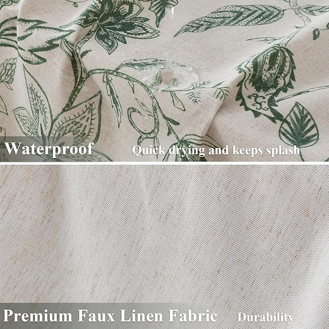 ORTIGIA Linen Shower Curtain Farmhouse Vintage Green Floral Shower Curtains Boho Rustic Cottagecore Curtains for Bathroom Decoration 72 W x 72 L