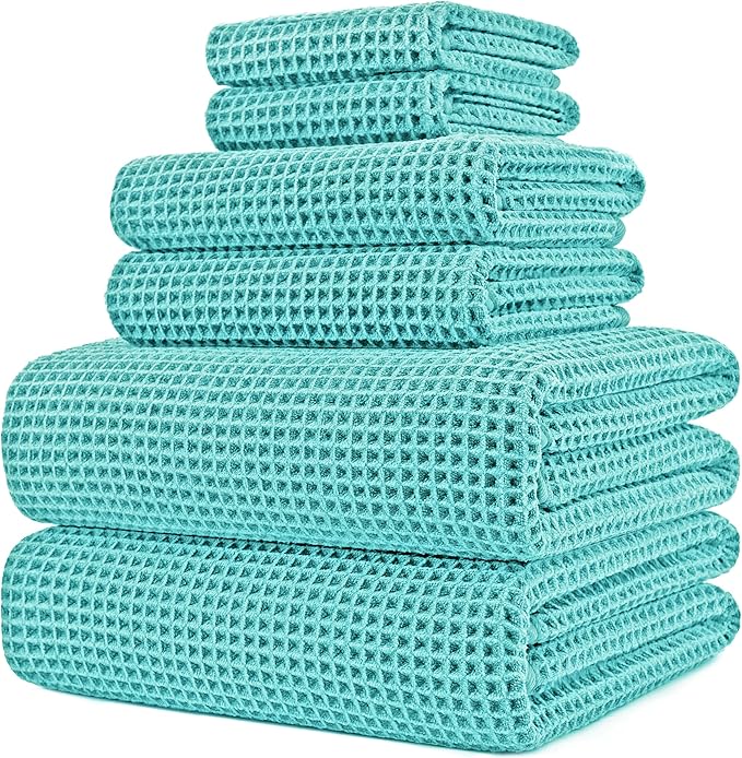 POLYTE 430 GSM Microfiber Quick Dry Lint Free Oversize Bath Towel Set, 6 Piece (Waffle Weave)
