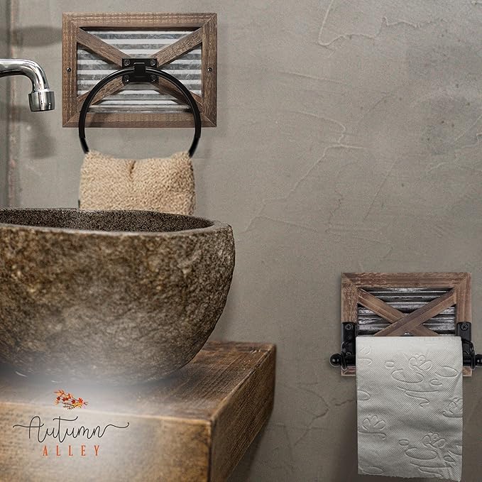 Autumn Alley Rustic Towel Holder for Bathroom, Farmhouse Hand Towel Holder, Rustic Towel Rack Holder, Wall Mounted, Western Bathroom Decor, Wood Country Decor, Galvanized Metal, Black Ring
