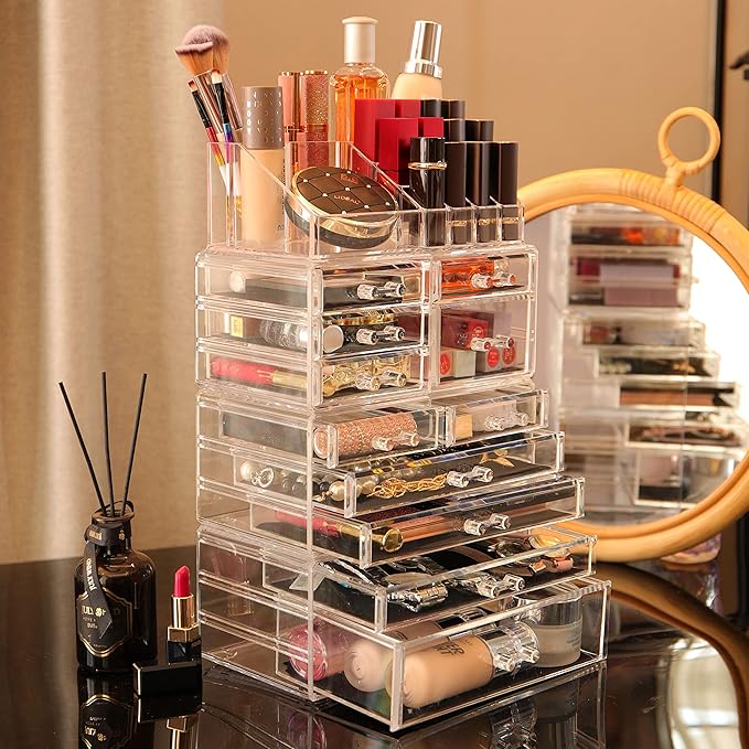 Cq acrylic 4 Pack Clear Makeup Organizer Countertop,Stackable 11 Drawers Skincare Organizer,Cute Skin Care Organizer for Vanity Hair Clip,Jewelry,Beauty Product Desk and Make Up Organizers for Vanity