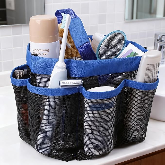 Mesh Shower Caddy Bathroom Portable College Dorm Essentials for Girls Guys Shower Tote Beach Camp Travel Hanging Toiletry Bag Blue