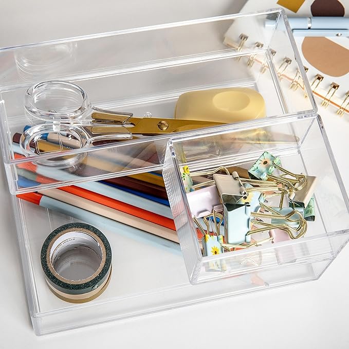Martha Stewart Brody Desktop Storage Organizer, Stack and Slide Plastic Organizer Tray, Organizer for Office, Kitchen, or Vanity, 1-S, 1-M, 1-L (Pack of 2)