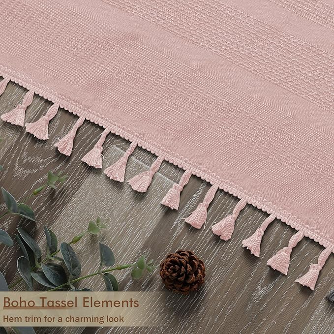 OVZME Pink Shower Curtain for Bathroom, Boho Linen Textured Shower Curtain with Tassel, Rustic Striped Heavy Duty Vintage Country Bathroom Curtain, 72Wx72L Inches