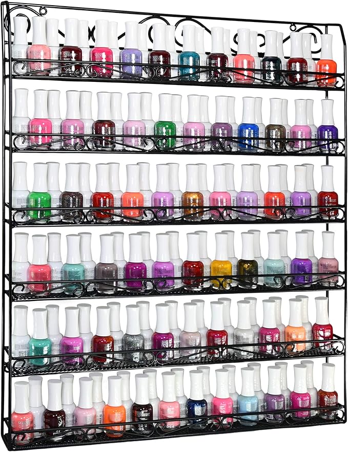 AMT 6 Tier Metal Nail Polish Racks for The Wall, Up to 132 Bottles, Clear Quality Nail Polish Display, Essential Oils Organizer (132 Bottles or 60 Jars - Black)