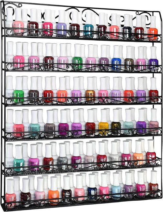 AMT 6 Tier Metal Nail Polish Racks for The Wall, Up to 132 Bottles, Clear Quality Nail Polish Display, Essential Oils Organizer (132 Bottles or 60 Jars - Black)