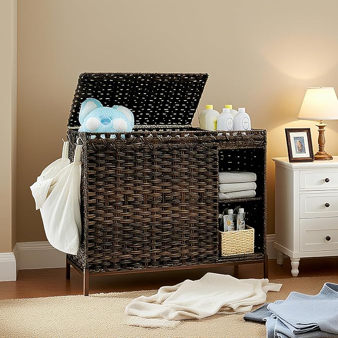 Gitelsnour Laundry Hamper with Lid, 130L(34.4 Gal) Rattan Laundry Hamper 3 Section with 50L (13.2 Gal) Storage Shelf, Wicker Woven Laundry Sorter Basket with 4 Liner Bags and Handles, Brown GLH003BR