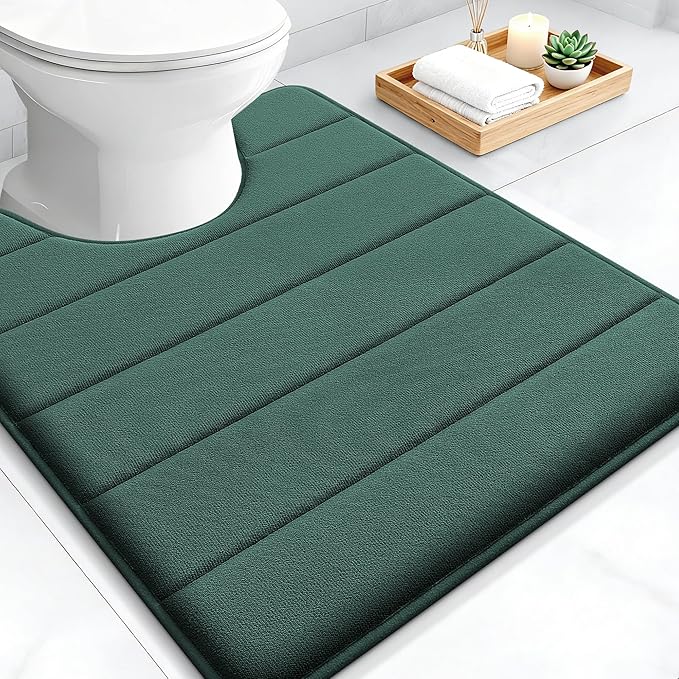 OLANLY Memory Foam Toilet Rugs U Shaped 24x20, Super Soft Absorbent Contour Bath Rugs, Quick Dry Machine Washable Toilet Mat, Bathmat Carpet, Bathroom Home Decor Accessories, Blackish Green
