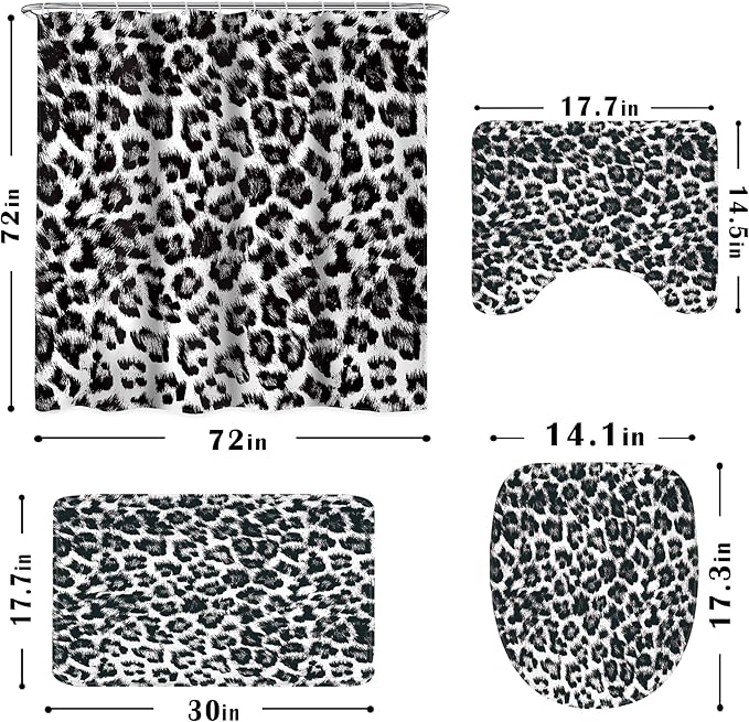 LIGHTINHOME 4 PCS Black Leopard Print Shower Curtain Set 72Wx72H,Toilet Lid Cover,Non-Slip Rugs and U-Shaped Mat,Wild Cheetah Bathroom Sets with Rugs Shower Accessories 12 Hooks for Bathroom Decor
