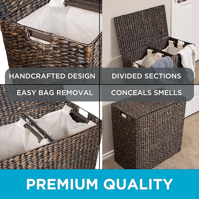 BirdRock Home Water Hyacinth Laundry Hamper Divided Interior (Espresso) | Eco-Friendly | Made of Hand Woven Hyacinth Fibers | Includes Two Removable Cotton Liners Bag | Wicker Laundry Basket with Lid